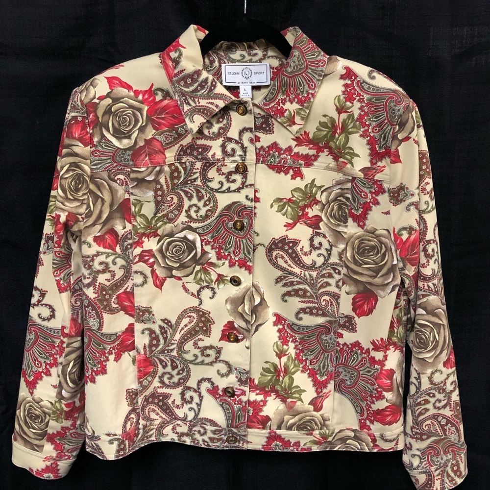 St. John Gray Floral Denim Jean Jacket Blazer